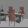 Modern Dining Table Set With Pink Green Upholstered Chairs Vase Books And Soft Pink Wall
