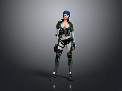 Blue Haired Female Futuristic Combat Character In Green White Armored Tactical Gear With Grey Background 3d model