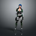 Blue Haired Female Futuristic Combat Character In Green White Armored Tactical Gear With Grey Background