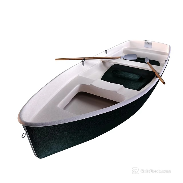 Recreational Rowing Boat With Wooden Oars White And Dark Green Interior 3d model 