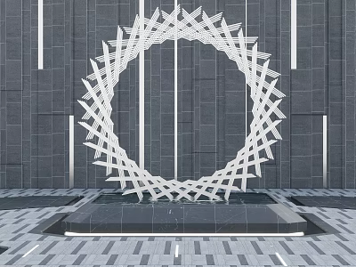 White Circular Sculpture with Interlaced Lines on Square Pedestal Against Grey Stone Wall 3d model