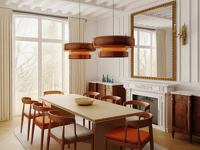 Elegant Dining Room Interior With Wooden Pendant Lights Orange Chairs Dining Table Fireplace And Mirror 3d model