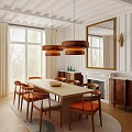 Elegant Dining Room Interior With Wooden Pendant Lights Orange Chairs Dining Table Fireplace And Mirror