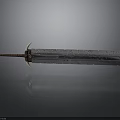 Worn Metallic Sword With Brown Hilt And Decorative Guard On Reflective Surface