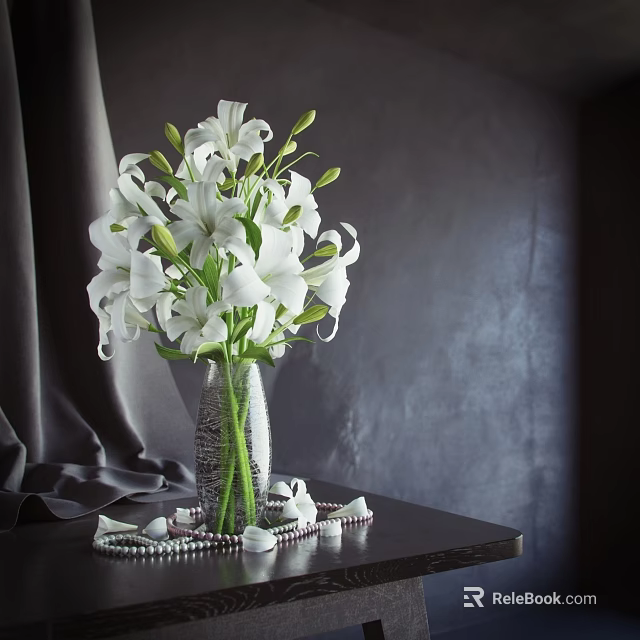 Beautiful White Lilies in Textured Glass Vase with Pearl Decor on Dark Table 3d model 