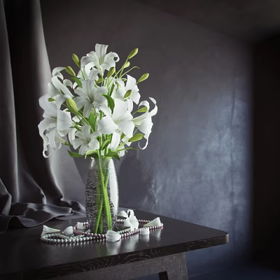 Beautiful White Lilies in Textured Glass Vase with Pearl Decor on Dark Table 3d model