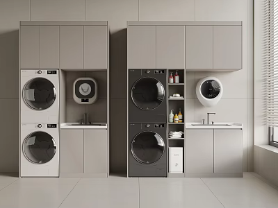 Modern Stackable Washing Machines in Laundry Room Interior with Cabinets and Sink 3d model