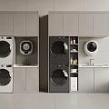 Modern Stackable Washing Machines in Laundry Room Interior with Cabinets and Sink