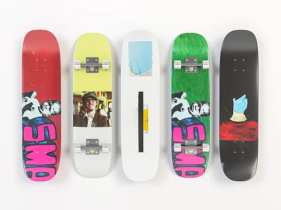 Colorful Skateboards With Various Graphic Art Designs And Different Color Patterns On Deck 3d model