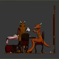 Three Animal Game Characters Gathering Around Round Table With Checkered Cloth Wooden Wall And Window