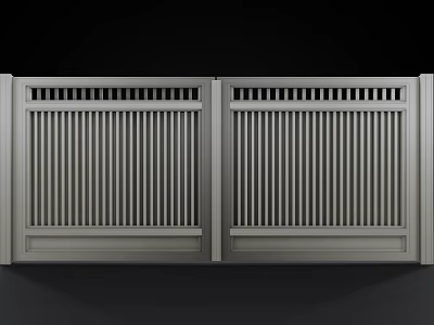 Modern Symmetric Gray Gates With Vertical Slats And Top Grilles Design 3d model