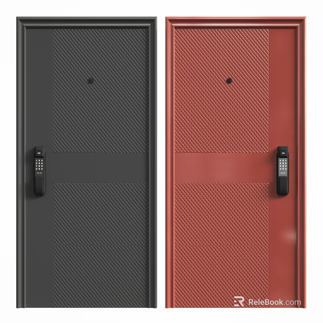 Modern Black and Red Security Doors with Electronic Keypad Lock and Textured Surface 3d model 