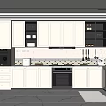 Modern Kitchen Interior With White Cabinets Black Appliances Hexagonal Tile Backsplash And Glass Shelves