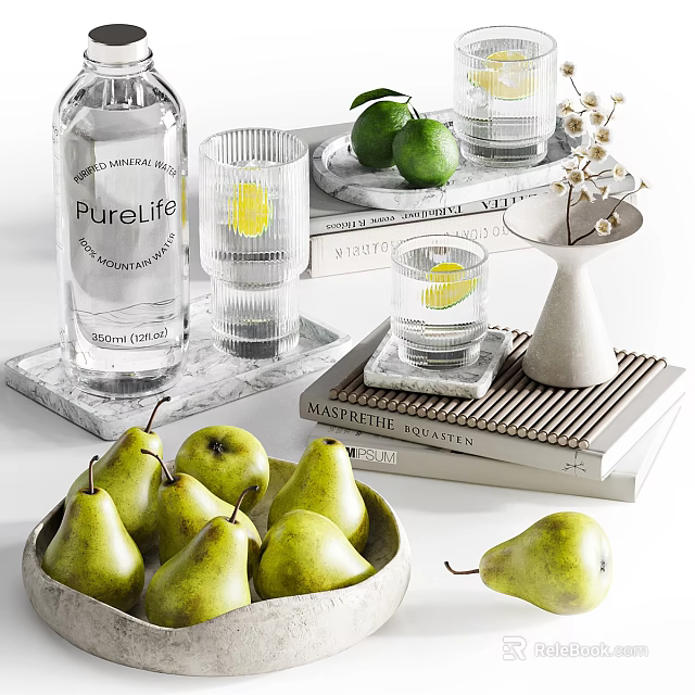 Decorative Ornament Set With Water Bottle Glass Cups Limes Pears Books And Marble Tray 3d model 