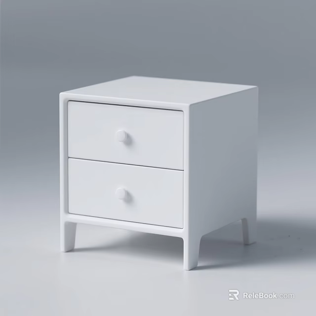 White Modern Minimalist Bedside Table Design With Two Drawers And Round Knobs 3d model 