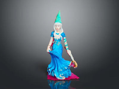 Female Doll In Blue Dress With Green Pointed Hat Holding Broom On Pink Base 3d model