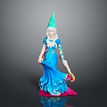 Female Doll In Blue Dress With Green Pointed Hat Holding Broom On Pink Base