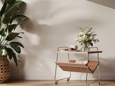 Side Table With Wooden Top Metal Frame Wheels Green Plant Vase Cups Cookies And Book 3d model