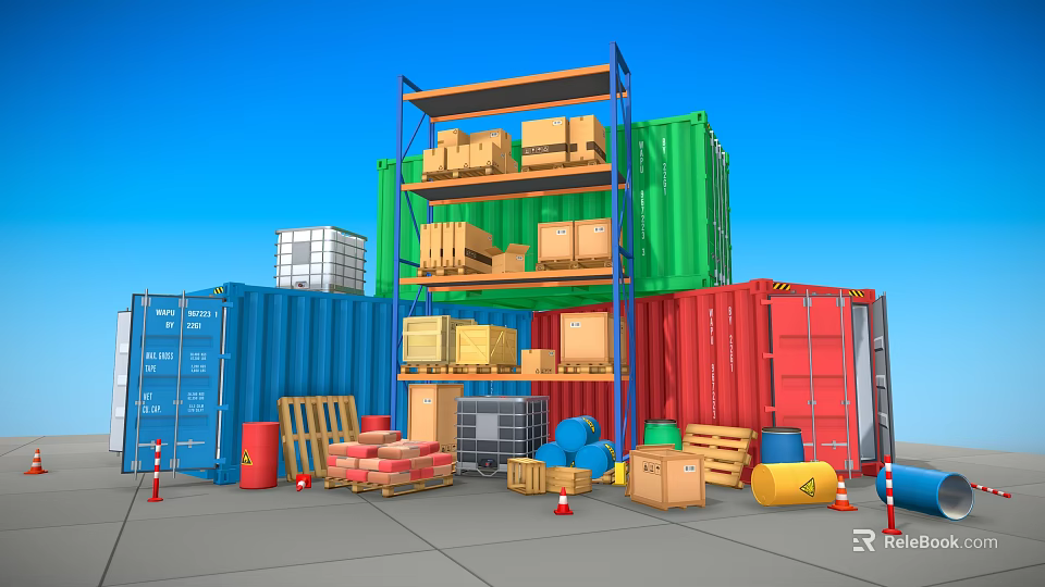 Heavy Duty Industrial Equipment Warehouse Storage Racking With Colorful Containers And Stacked Cartons 3d model 