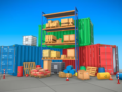 Heavy Duty Industrial Equipment Warehouse Storage Racking With Colorful Containers And Stacked Cartons 3d model