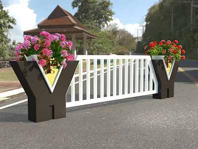 White Road Railing With Flower Decorations Near Trees And Pavilion 3d model