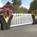 White Road Railing With Flower Decorations Near Trees And Pavilion