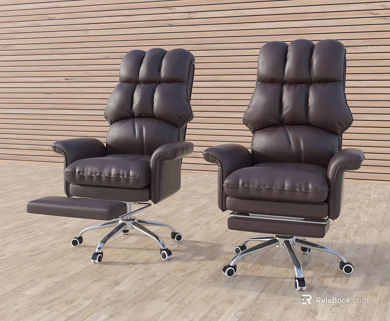 Brown Leather Office Chair With High Back Armrests And Adjustable Footrest Silver Caster Base 3d model 