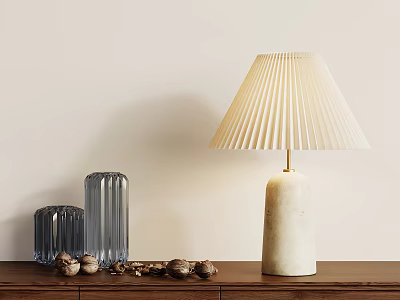 Modern Table Lamp With White Base Gold Stand Pleated Lampshade On Wooden Cabinet Glass Vases 3d model