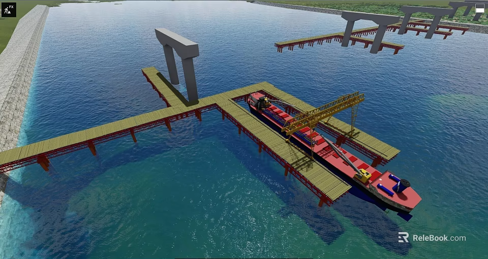 Bridge Pier Structure Over Water Featuring Docked Ship And Crane 3d model 