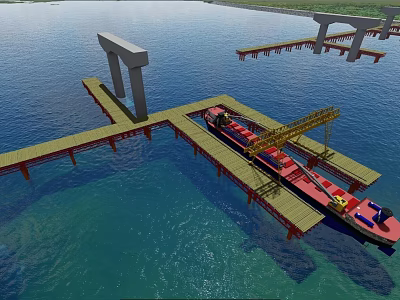 Bridge Pier Structure Over Water Featuring Docked Ship And Crane 3d model
