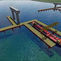 Bridge Pier Structure Over Water Featuring Docked Ship And Crane