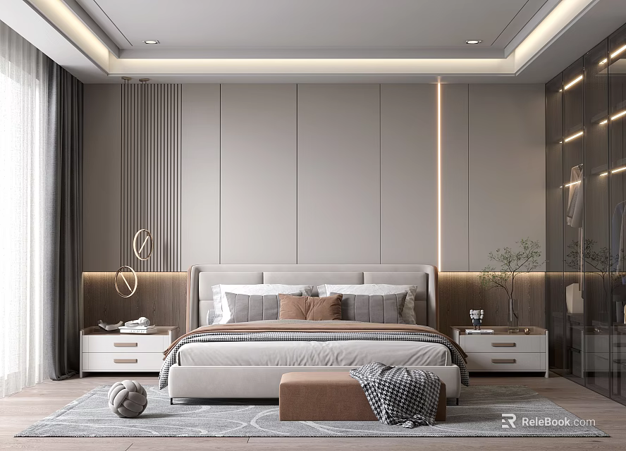 Elegant Modern Bedroom Interior With Upholstered Headboard Pillows Nightstands Round Lamps And Area Rug 3d model 