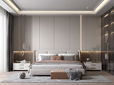 Elegant Modern Bedroom Interior With Upholstered Headboard Pillows Nightstands Round Lamps And Area Rug 3d model