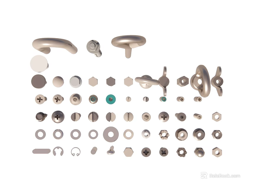 Assorted Furniture Hardware With Metal Handles Knobs And Various Shaped Fasteners 3d model