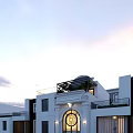 Detached Villa With Arched Glass Window Circular Ornament White Brown Facade And Illuminated Lights
