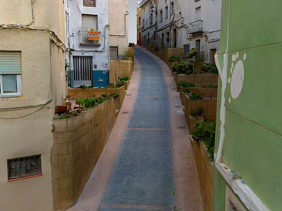 Urban Roadway Infrastructure Featuring Narrow Street With Buildings Plants And Colored Walls 3d model