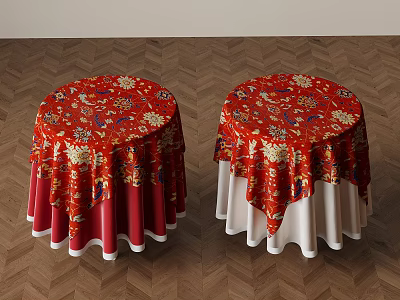 Round Tables With Red Floral Tablecloths And White Edges On Herringbone Floor 3d model