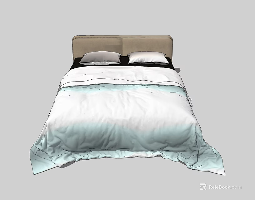 Double Bed With Upholstered Headboard Light Colored Comforter And Two Pillows 3d model