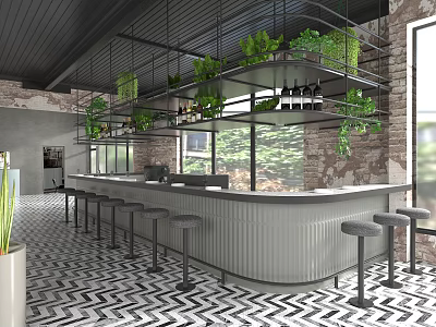 Cozy Cafe Design Featuring Curved Bar Counter Stools Hanging Green Plants And Exposed Brick Wall 3d model