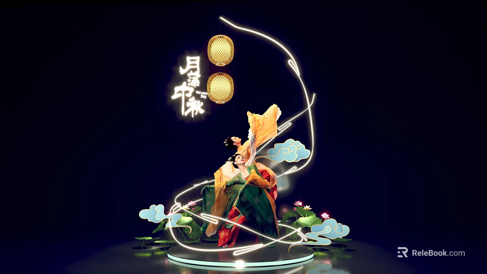 Traditional Mid Autumn Theme Decoration With Chang'e Figure And Lotus Flowers 3d model 