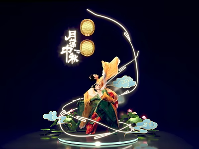 Traditional Mid Autumn Theme Decoration With Chang'e Figure And Lotus Flowers 3d model