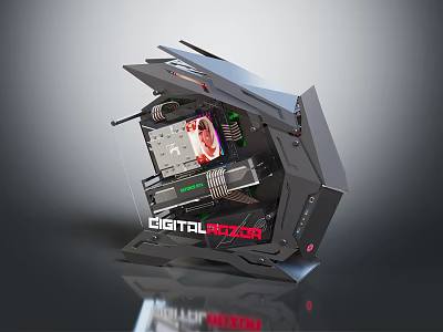 Futuristic Digital Razor PC Case With Open Design And Visible Internal Hardware Components 3d model
