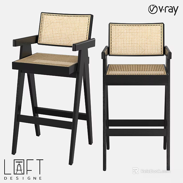 Modern Black Frame Bar Stools With Woven Back And Seat Design 3d model 