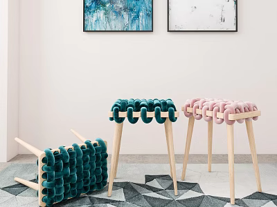 Green and Pink Woven Stools with Light Wooden Legs in Indoor Geometric Rug Setting 3d model