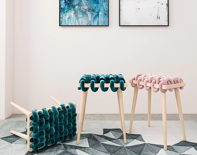 Green and Pink Woven Stools with Light Wooden Legs in Indoor Geometric Rug Setting 3d model