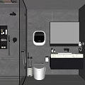 Modern Bathroom Interior With Grey Tiles Glass Shower Toilet Sink Mirror And Cabinets