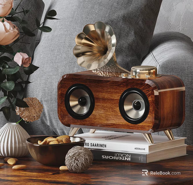 Retro Wooden Stereo Speaker With Books And Decorative Items In Living Room 3d model 