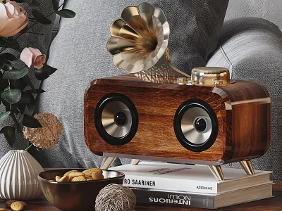 Retro Wooden Stereo Speaker With Books And Decorative Items In Living Room 3d model
