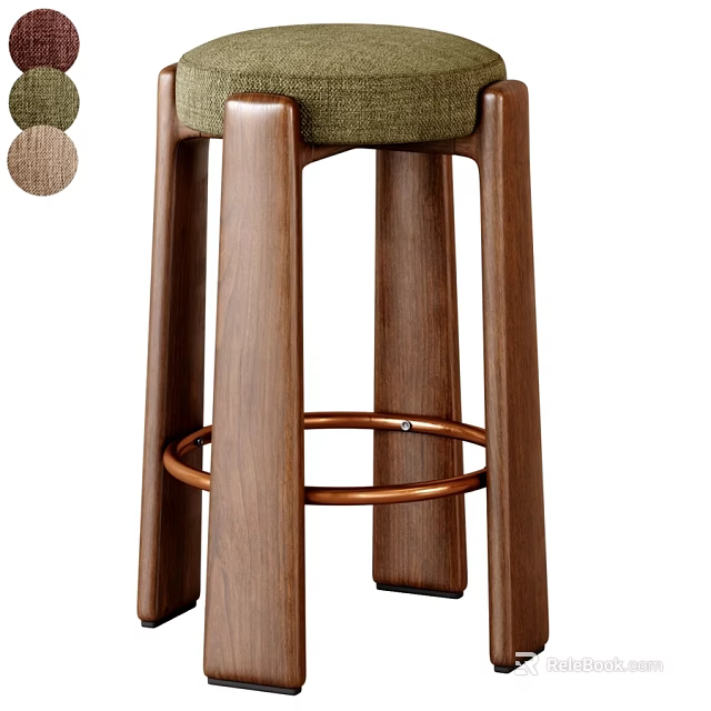 Contemporary Solid Wood Bar Stool With Soft Fabric Upholstered Seat And Round Copper Footrest 3d model 
