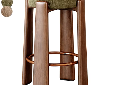 Contemporary Solid Wood Bar Stool With Soft Fabric Upholstered Seat And Round Copper Footrest 3d model